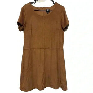 Brown faux suede dress Womens Size L Mini Short sleeve boho shift dress casual